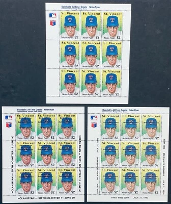3 ST VINCENT NOLAN RYAN ACHIEVEMENTS STAMPS SHEETS 1989 1990 MNH BASEBALL SPORTS - Image 1 of 4