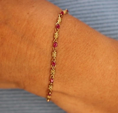 DAZZLING YELLOW GOLD ONE CARAT NATURAL MINED RUBY & DIAMOND BRACELET (NEW) - Image 1 of 4