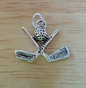 Sterling Silber 3D 15x19mm 2 Golfschläger gekreuzt mit Golfball Charm - Bild 1 von 3