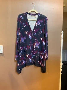 LOGO By Lori Goldstein Button Up Long Sleeve Tunic Top SMall Blue Purple V-Neck - Picture 1 of 7