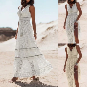Womens Boho Lace Tank Maxi Dress Ladies Summer Holiday Beach Party Long Dresses - Picture 1 of 16