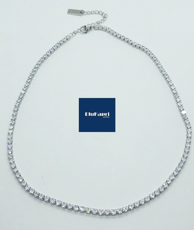 Collana donna uomo tennis in acciaio rodiato con zirconi bianchi 3mm anallergico - Immagine 1 di 4