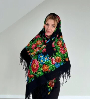 Vintage scarf with flowers . Traditional festive scarf from Ukraine . - Image 1 of 4