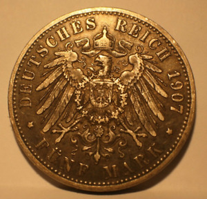 1907 A Prussia German FUNF 5 MARK  SILVER Coin Very Nice Original Toning KM#523