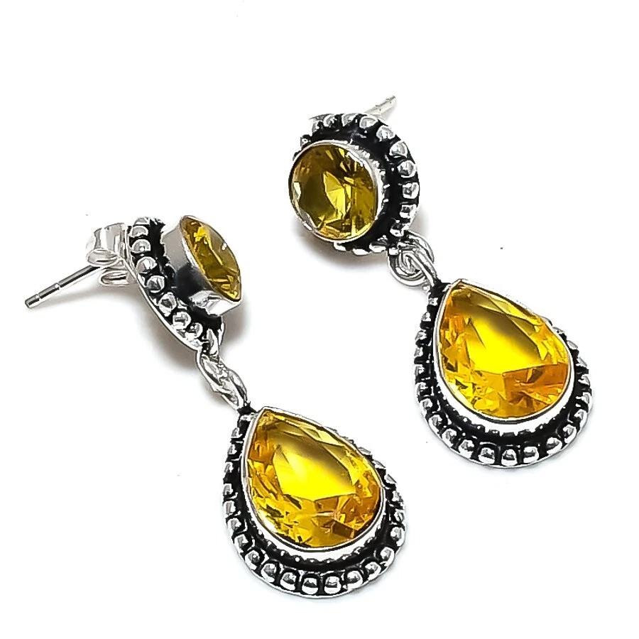 Yellow Citrine Gemstone 925 Sterling Silver Jewelry Stud Earring Size 1.45" - Image 1 of 1