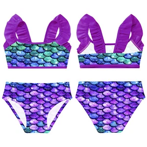 Kids Girls Shiny Hawaii Mermaid 2 Pcs Bikini Sets Ruffles Crop Top with Brief - Picture 1 of 31