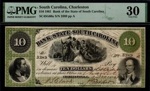1861 10 $ Bank of the State of South Carolina, Charleston defekte Banknote! - Bild 1 von 2