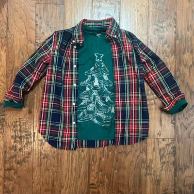 Chaps (2 шт.) для мальчиков 7 без складок клетчатая рубашка на пуговицах + старая темно-синяя рождественская рубашка B #16 - Изображение 1 из 4