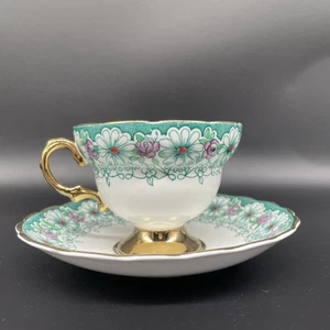Rosina Bone China Teacup Saucer Gold Gilt Daisy Flowers Green Pink 1940s England - Picture 1 of 23