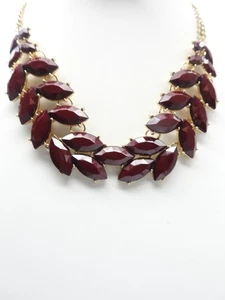 Signed Burgundy Acrylic Gold Tone Metal Bib Necklace Vintage - Picture 1 of 5