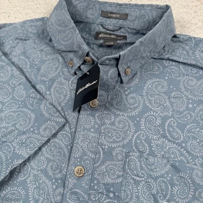 NWT Eddie Bauer Baja Shirt Men’s M Classic Fit Short Sleeve Paisley Button Down - Imagem 1 de 4