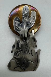 NATIVE AMERICAN NAVAJO INDIAN STERLING SILVER WOLVES FULL MOON PIN 925 - Picture 1 of 6