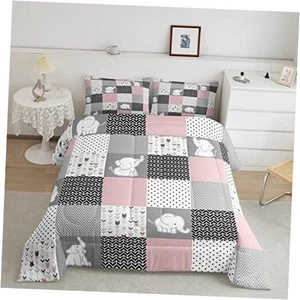 Cute Elephant Comforter for Boys Kids Girls Pink Grid Full Elephant 04 - Picture 1 of 7