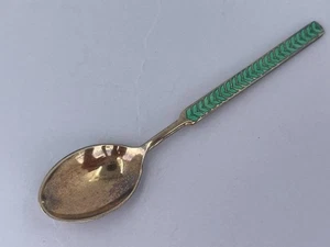 MEKA Sterling Silver & GREEN Guilloche Spoon, Denmark, Gold Wash, 3.75"    - Picture 1 of 8