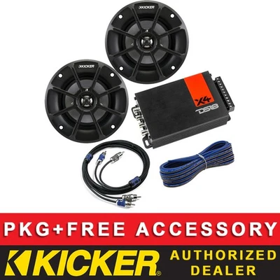 KICKER PS44 MOTORCYCLE/CAR/BOAT/ATV/UTV 4" WEATHERPROOF SPEAKERS + 4CH AMPLIFIER - Image 1 of 4