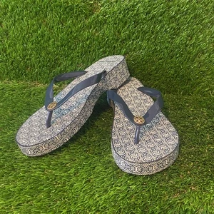 Tory Burch Wedge Thong Flip Flop Cut Out Navy Chain Platform Womens SZ 9 - Picture 1 of 6