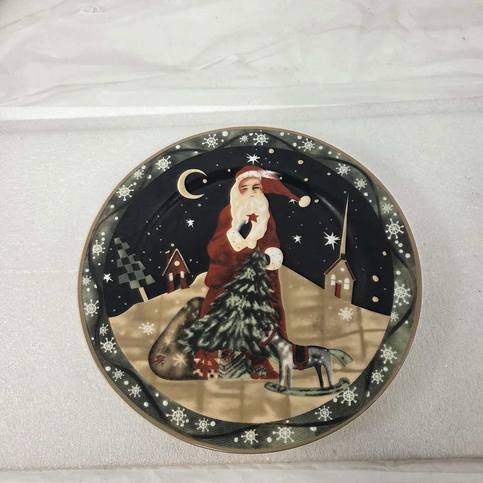 Century Christmas Santa Decorative Ceramic Plate Snowflake Border Rocking Horse - Image 1 of 4