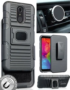 Black Rugged Case Stand + Belt Clip + Magnetic Car Mount for LG Q7 Plus, q7, Q7+ - Picture 1 of 11