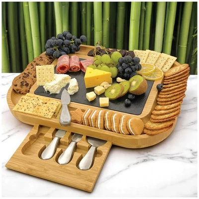 Carrara Bamboo Cheese Board Marble Insert Stainless Steel Knives Charcuterie Set - Image 1 of 4