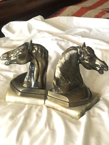 Vintage “ New Diamond ” Cast Metal Horse Head Bookends On Onyx Bases 7 Inches - Picture 1 of 11