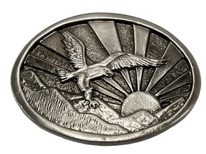 Steel Belt Buckle Eagle Sunrise Majestic Silver 3”x 2” Stamped “2012” EUC - Picture 1 of 6
