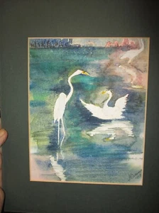 Small Framed Watercolor Of Cranes on Pond J Crumo '03 - Picture 1 of 5