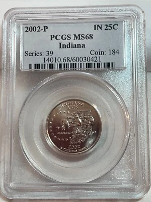 2002 P Indiana State Quarter PCGS MS68 Cert# 60030421 - Image 1 of 4