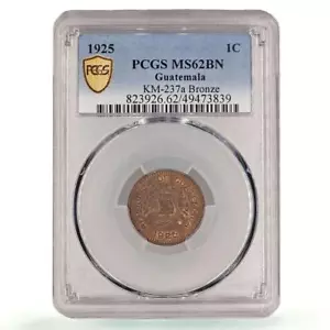 Guatemala 1 centavo Regular Coinage KM-237a MS62 PCGS bronze coin 1925 - Picture 1 of 5