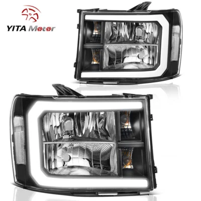 For 2007-2013 GMC Sierra 1500 2500HD 3500HD LED DRL Black Headlights Lamp Pair - Image 1 of 4
