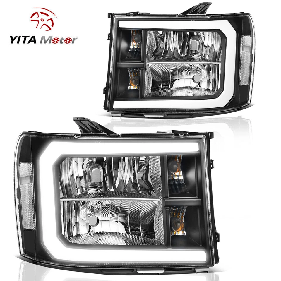 For 2007-2013 GMC Sierra 1500 2500HD 3500HD LED DRL Black Headlights Lamp Pair - Image 1 of 4