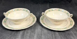 Syracuse Raleigh Green Pair of Cream Soup Bowls with Matching Saucers - Picture 1 of 10
