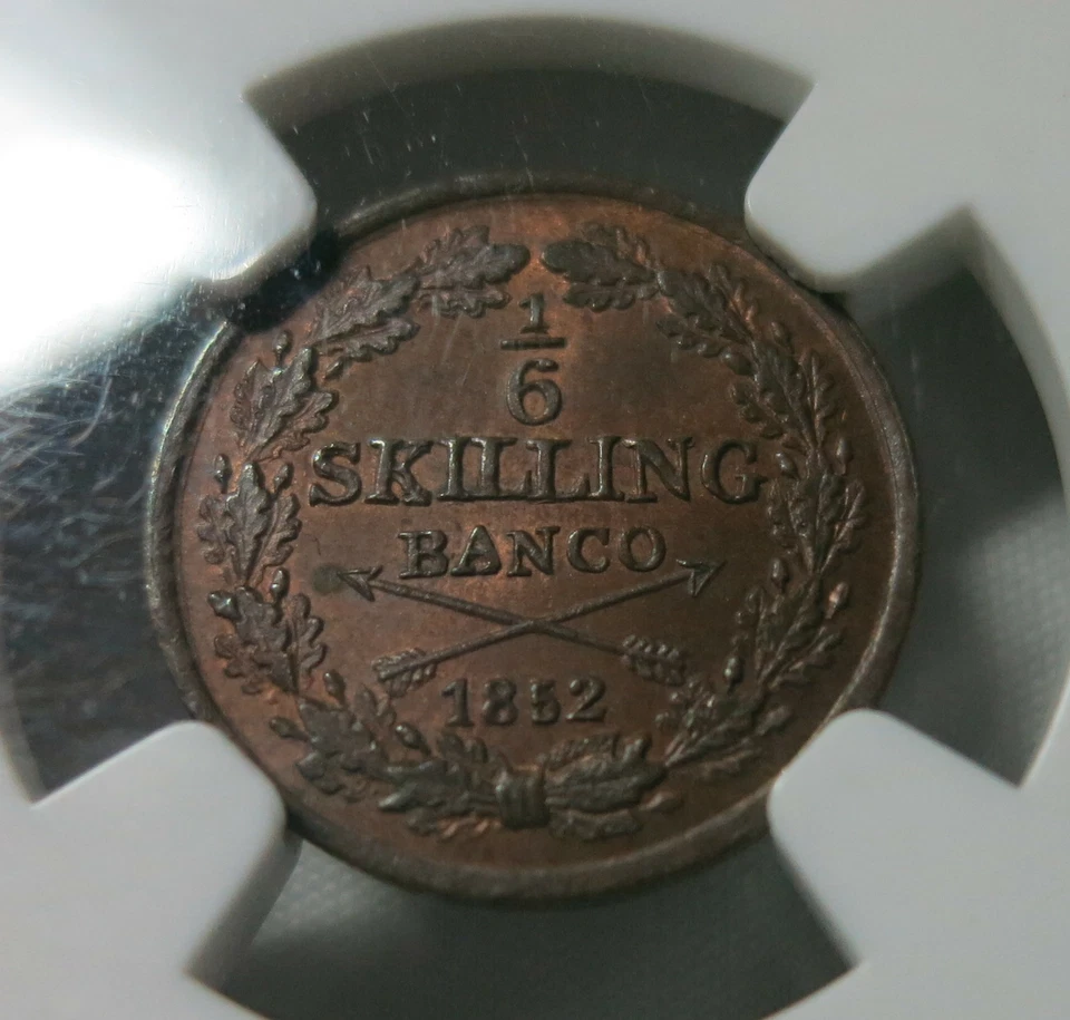 SWEDEN Kingdom 1/6 skilling 1852 NGC MS 64 BN UNC King Oscar Bronze Graded Arrow - Image 1 of 3