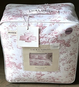 Laura Ashley Toile Delight Floral Pink Queen Comforter & Sheet SET 7pc - Picture 1 of 9