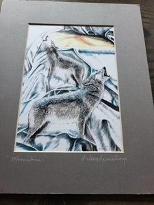 Arleen Armstrong Art Signed Print Framed Matted “Moonshine” Wolves Dogs Howling - Picture 1 of 13