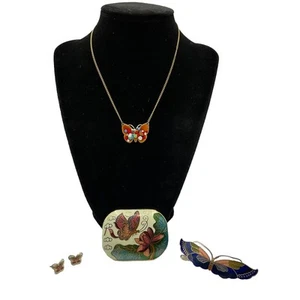 Vintage Butterfly Lot 4 Cloisonne Necklaces, Barrette, Earrings & Scarf Clip - Imagen 1 de 8