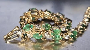 Estate Vintage 13 - 14k Yellow Gold 4 Carats Emerald Tennis Bracelet - Picture 1 of 7