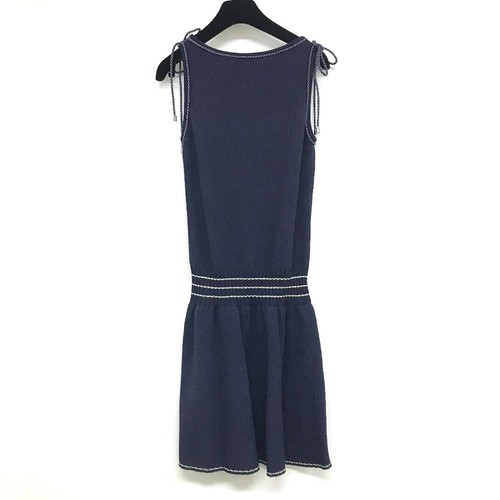 Abito Chanel CC Coco Mark senza maniche in cotone blu navy taglia 34 lunghezza 35 4 pollici
