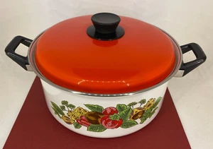 Vintage | Retro 1970s ⌘ Stock Pot ⌘ Vegetables & Mushrooms Enamel Cooking Pot - Picture 1 of 6