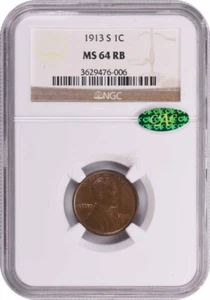 1913-S Lincoln Cent MS64RB NGC (CAC) - Picture 1 of 4