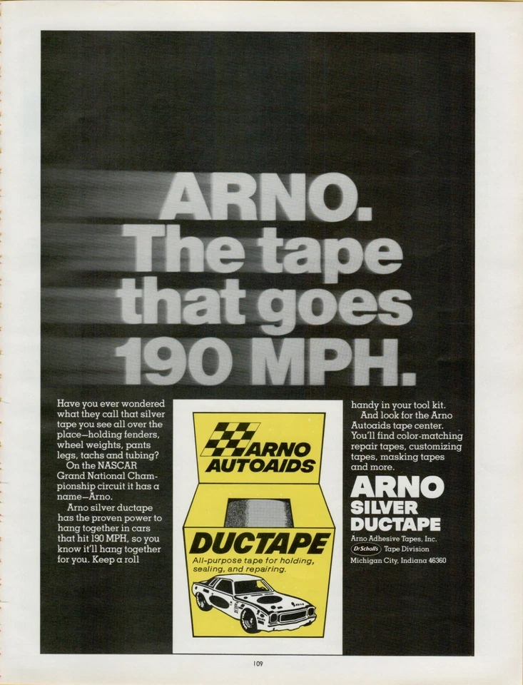 Arno Autoaids 1979 190 MPH cinta adhesiva plateada NASCAR anuncio impreso en color vintage Foto 1 de 1