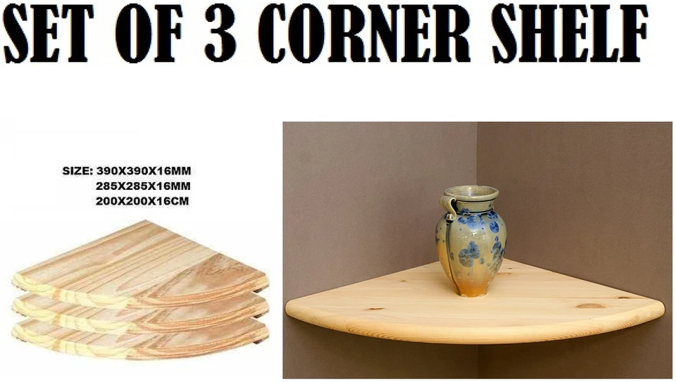 Set Of 3 Natural Wood Corner Shelf Wall Mounted Storage Wooden Unit Shelves Kit