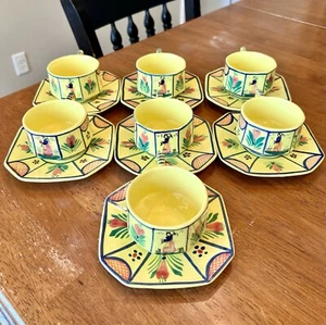 HB Henriot Quimper SOLEIL YELLOW 7 Flat Cup & Saucer Sets France Provencial - Picture 1 of 12