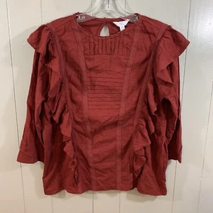 Time and Tru Burgundy 3/4 Sleeve Boho Ruffle Casual Crew T Shirt Top L 12 14 NEW - Picture 1 of 9