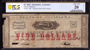 1862 $5 PARISH OF RAPIDES ALEXANDRIA LOUISIANA OBSOLETE NOTE PCGS B VF 20 NET - Picture 1 of 2