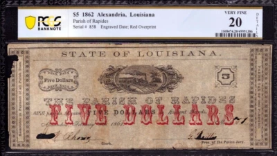 1862 $5 PARISH OF RAPIDES ALEXANDRIA LOUISIANA OBSOLETE NOTE PCGS B VF 20 NET - Image 1 of 2