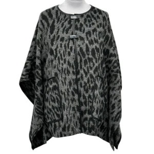 Rafaella Leopard Print Cape Faux Leather Trim Open Front Poncho Gray Black M - Picture 1 of 10