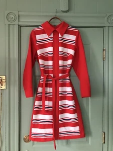 Vintage 60s Mod Go Go Dress Red Navy White Striped Belted Sz M - Picture 1 of 11