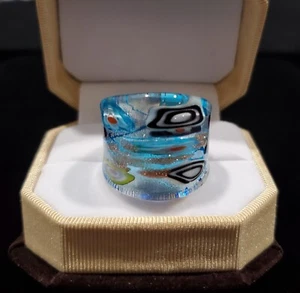 Boho Turquoise abstract Floral theme Hand Blown Glass Bling Ring - Size 8 - Picture 1 of 4