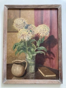 Dipinto olio vintage natura morta floreale incorniciato firmato 73 look Bloomsbury - Foto 1 di 14