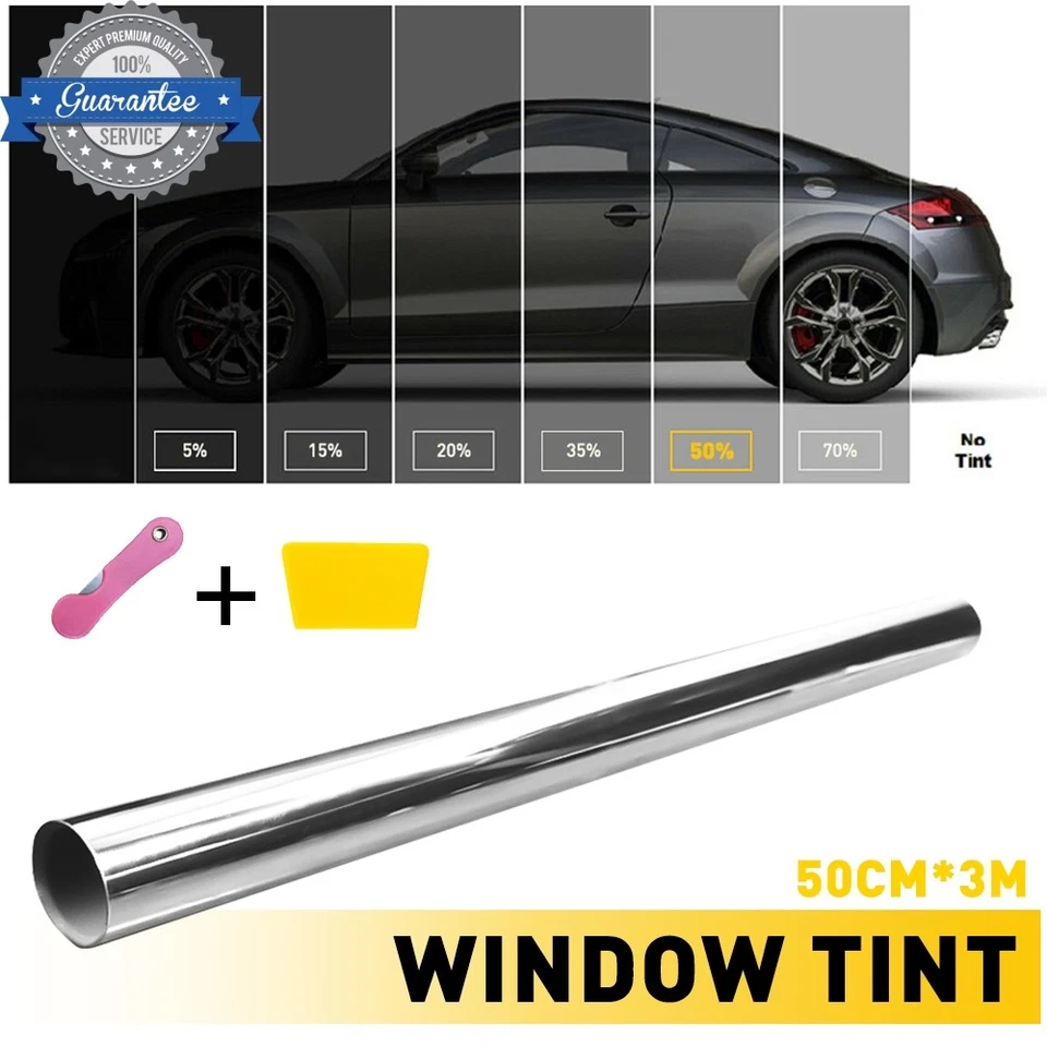 Película de tinte de ventana de espejo retrovisor enrollable sin cortar 300 cm 50 % VLT plateada vidrio para automóvil hogar oficina Foto 1 de 4